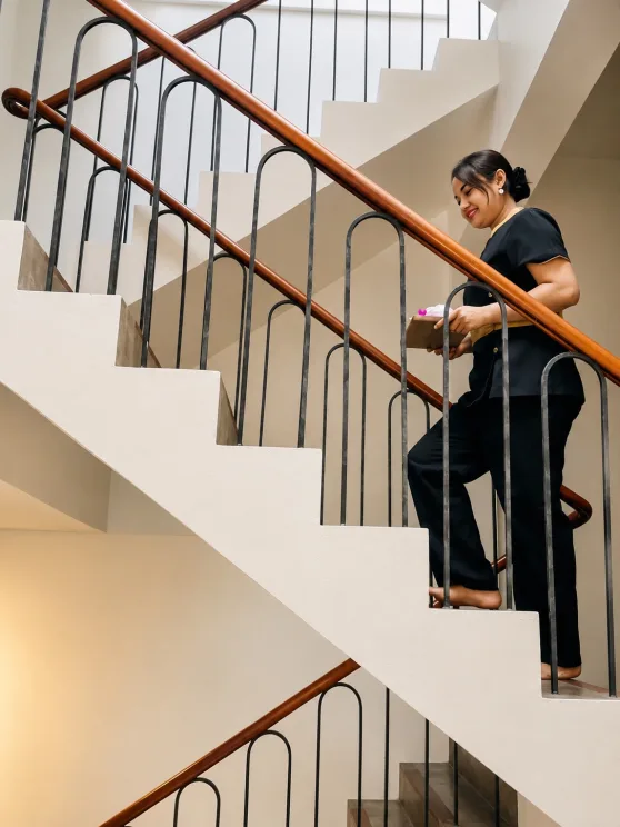 Loft Thai therapist carrying a treatment tray through the spa