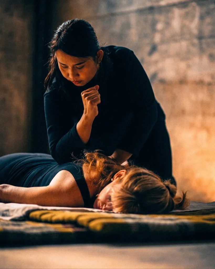 Loft Thai therapist applying deep pressure during a Thai Warrior Massage treatment in Bangkok