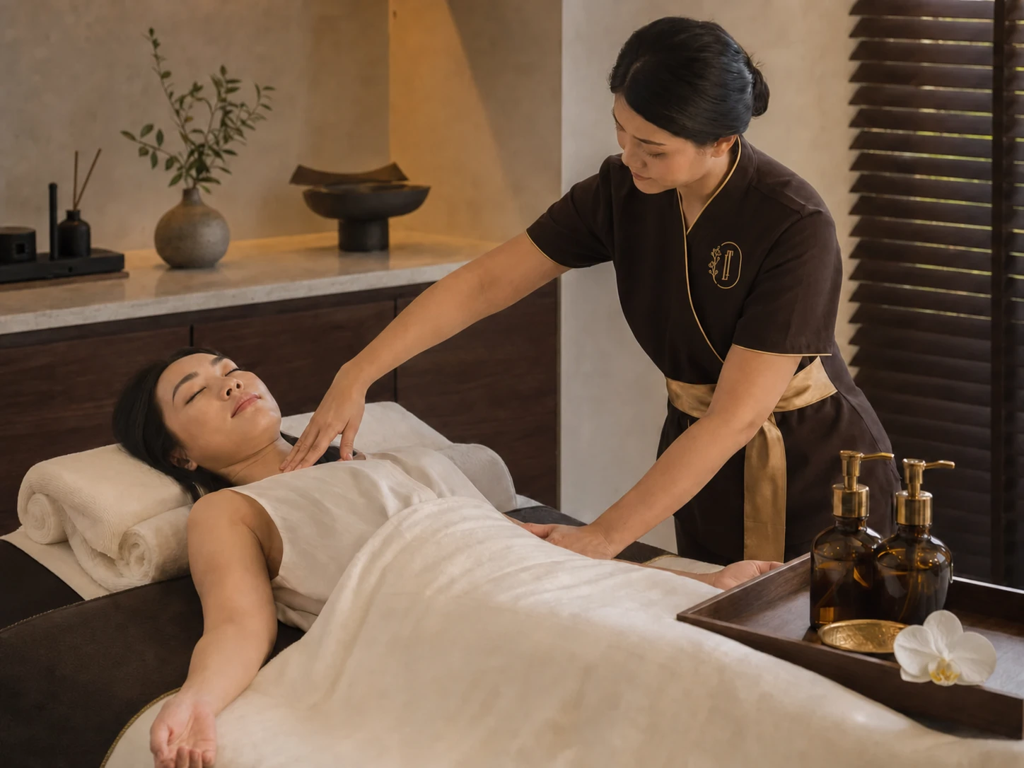 Warm aromatherapy oil massage with flowing strokes in a private Bangkok spa treatment room
