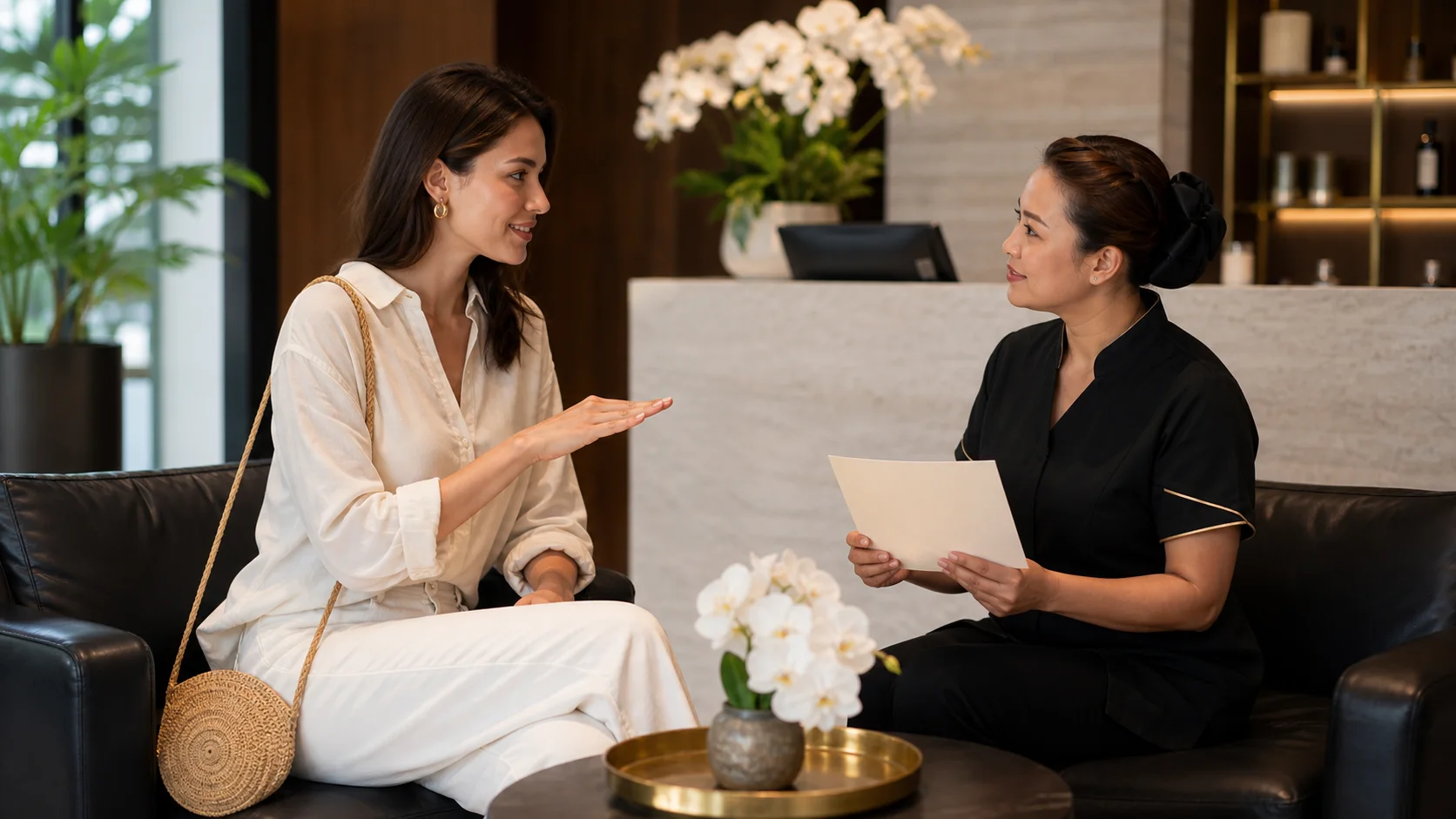 International guest discussing massage pressure with a Thai therapist before a spa treatment in Bangkok