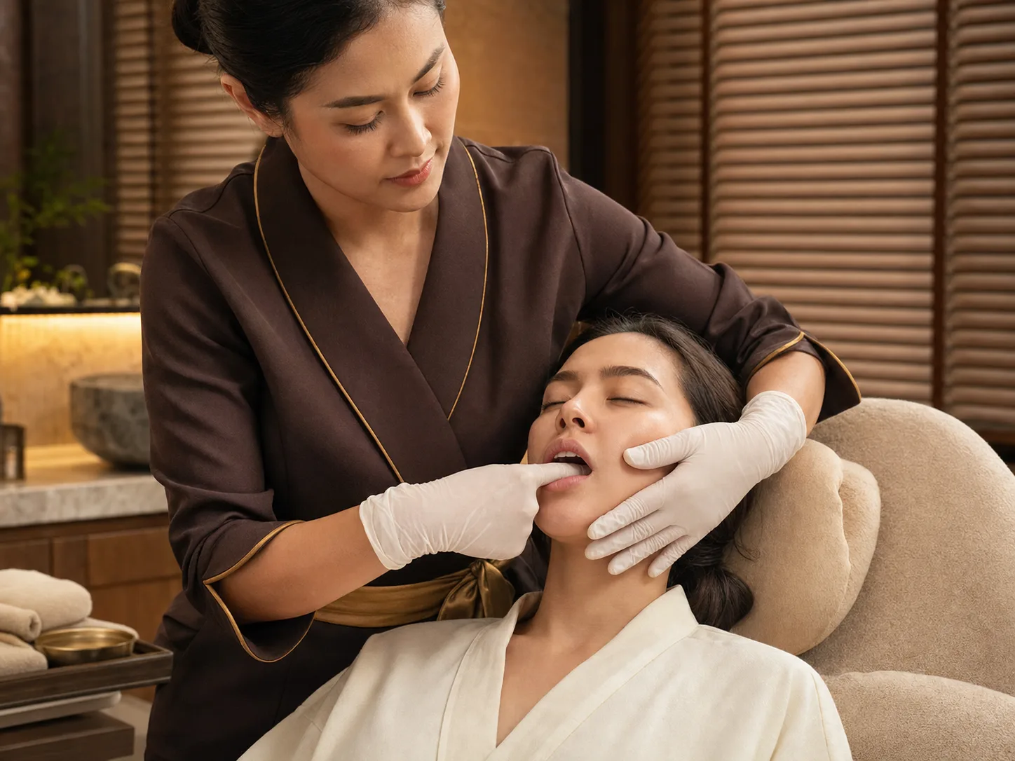 Gloved professional therapist demonstrating hygienic inside-and-out buccal cheek massage with an adult guest