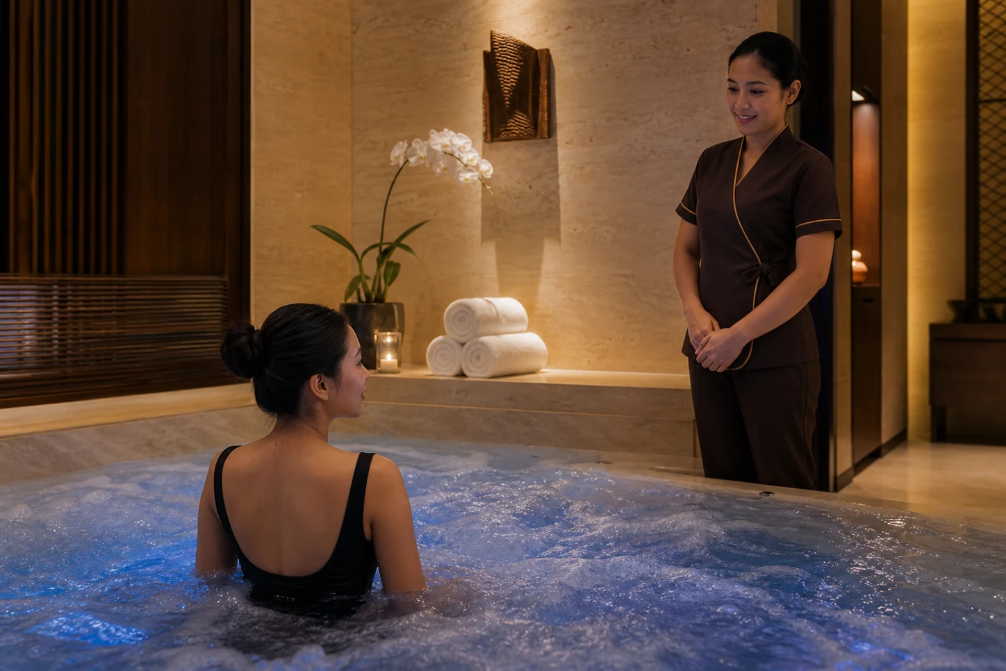Adult guest in a private hydrotherapy bath with adjustable lighting and a professional spa therapist