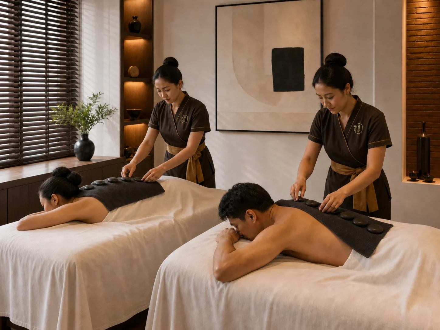 Premium couples retreat with body scrub, hot stone massage and facial sequence