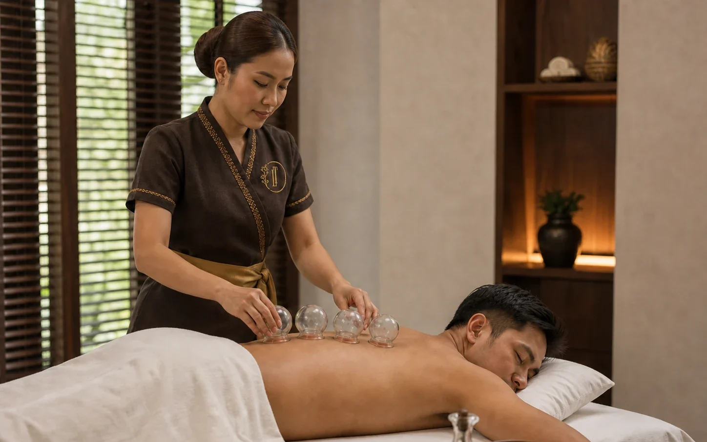 Loft Thai therapist applying dry suction cups during a professional cupping massage in Bangkok
