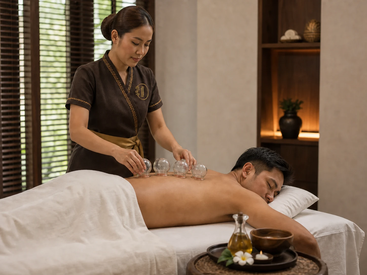 Thai therapist applying dry suction cups to a guest’s upper back during a professional cupping treatment in Bangkok