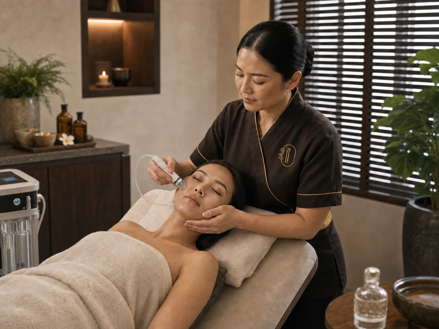 Thai facial therapist using a hydradermabrasion handpiece during a professional HydraFacial treatment in Bangkok