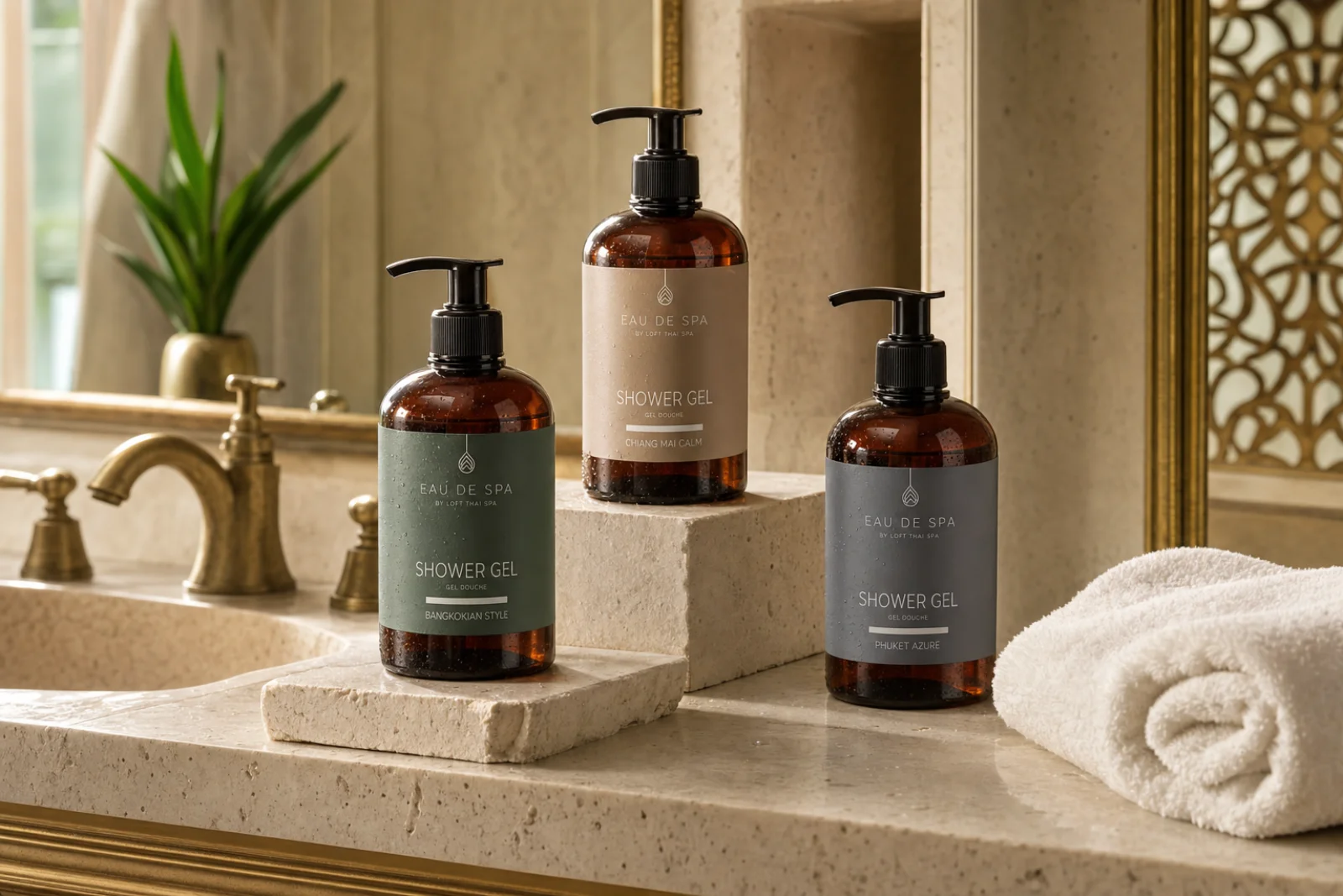 Eau de Spa product collection illustrating the in-house product direction used in selected Loft Thai rituals