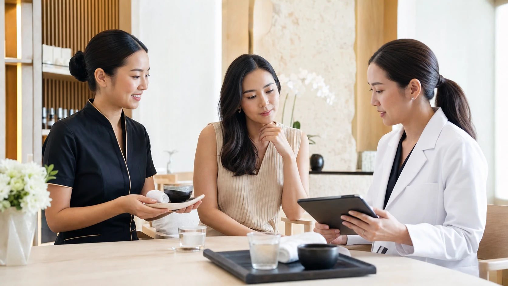 Adult guest comparing advice from a Bangkok spa facial therapist and a medical dermatologist
