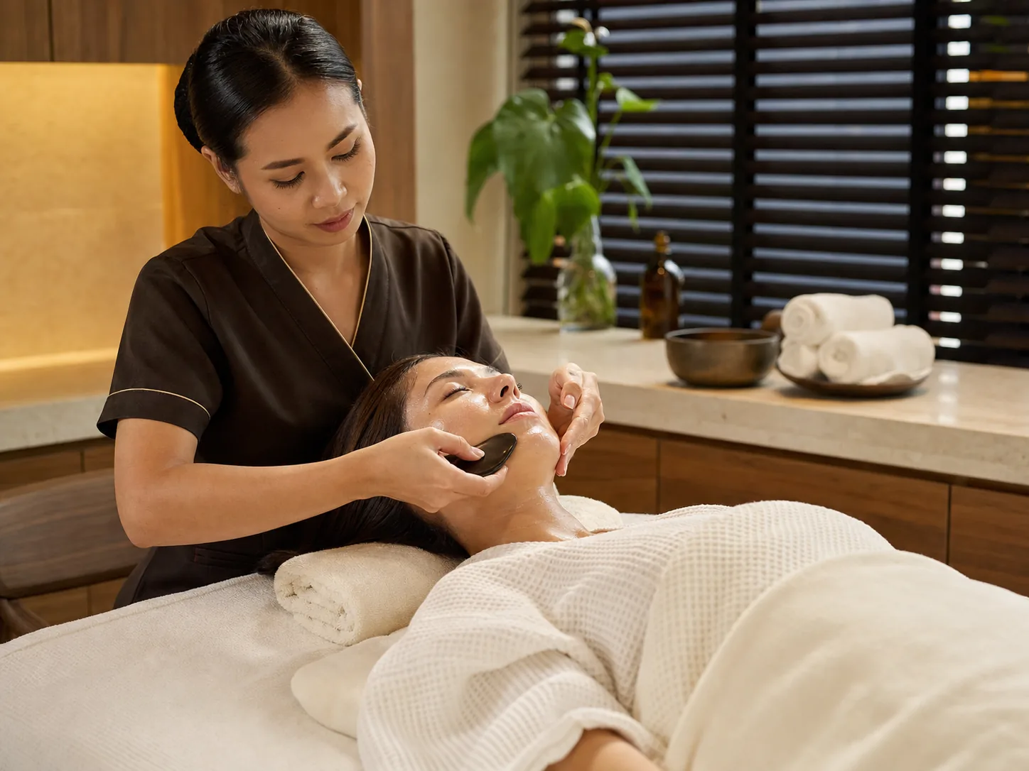 Facial therapist using a smooth gua sha tool with controlled pressure after consultation