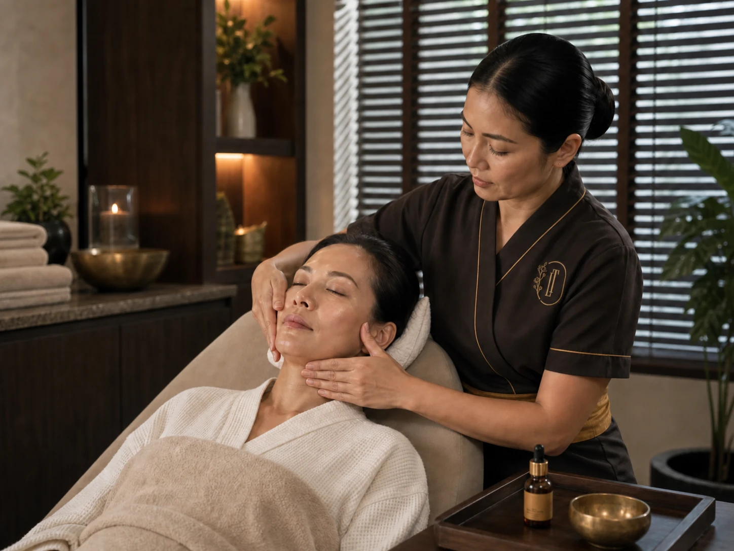 Loft Thai therapist performing controlled facial massage during a professional Bangkok facial