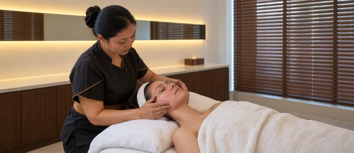 Illustration of a facial massage in a Loft Thai-inspired spa room in Bangkok