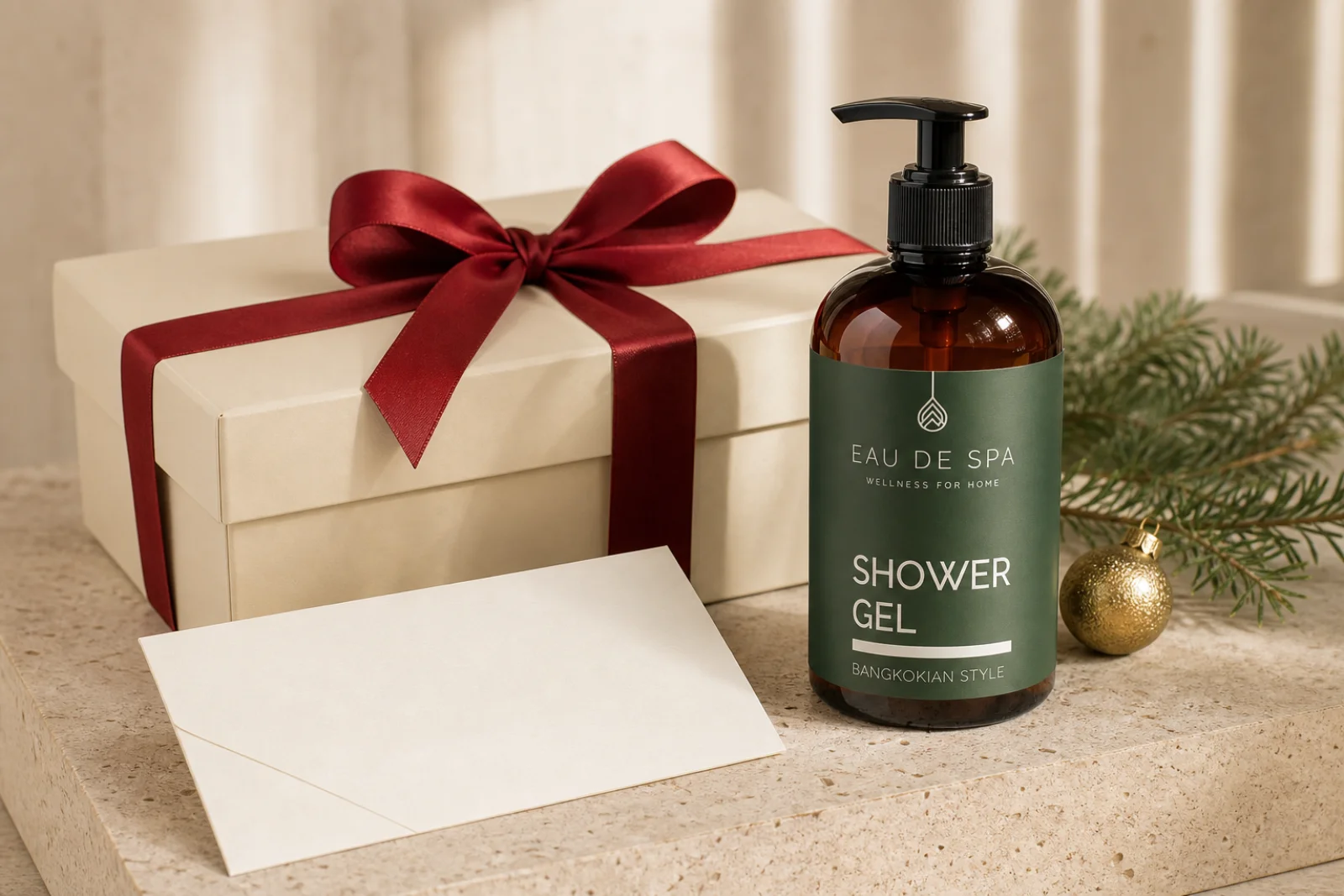 Premium spa gift box, personal message cards and Eau de Spa body-care product