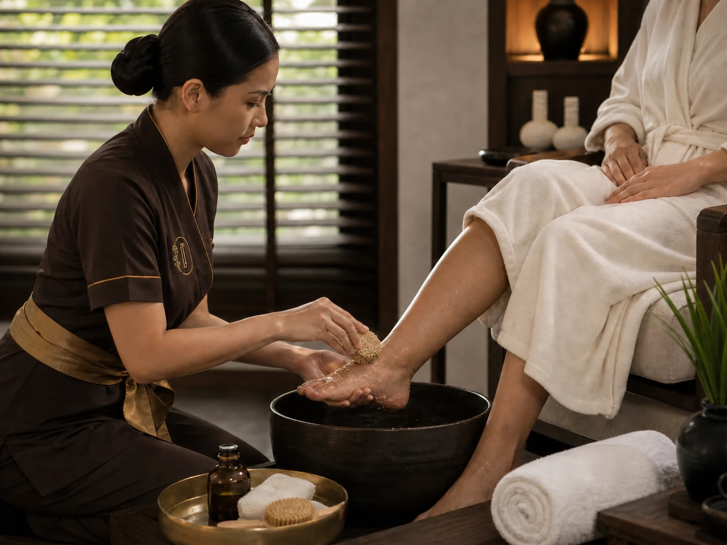 Therapist preparing a structured foot spa ritual with clean towels and products