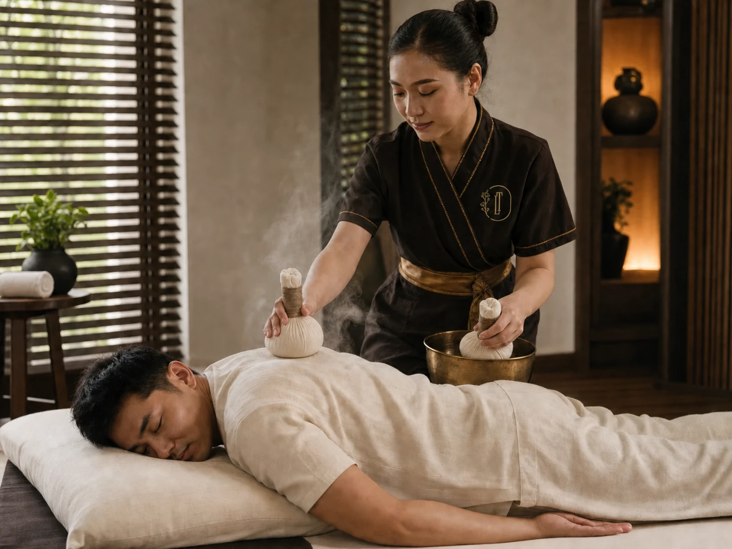 Fresh Thai herbal compress presented as an optional warming component distinct from reflexology pressure