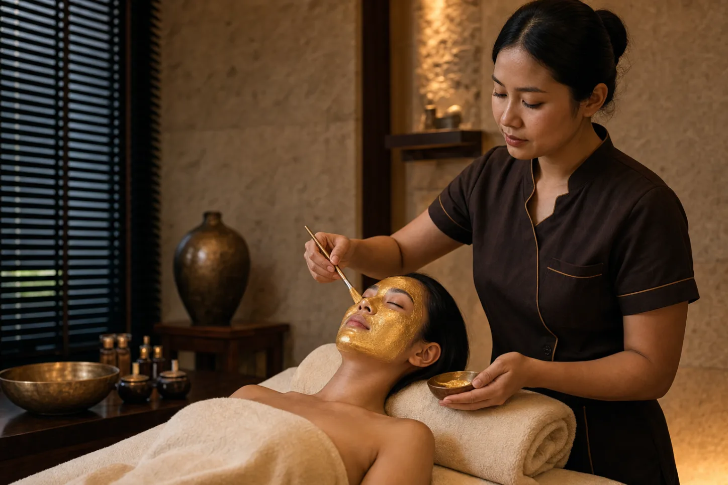 Professional 24K gold-mask application illustrating the Golden Facial's distinct ceremonial stage