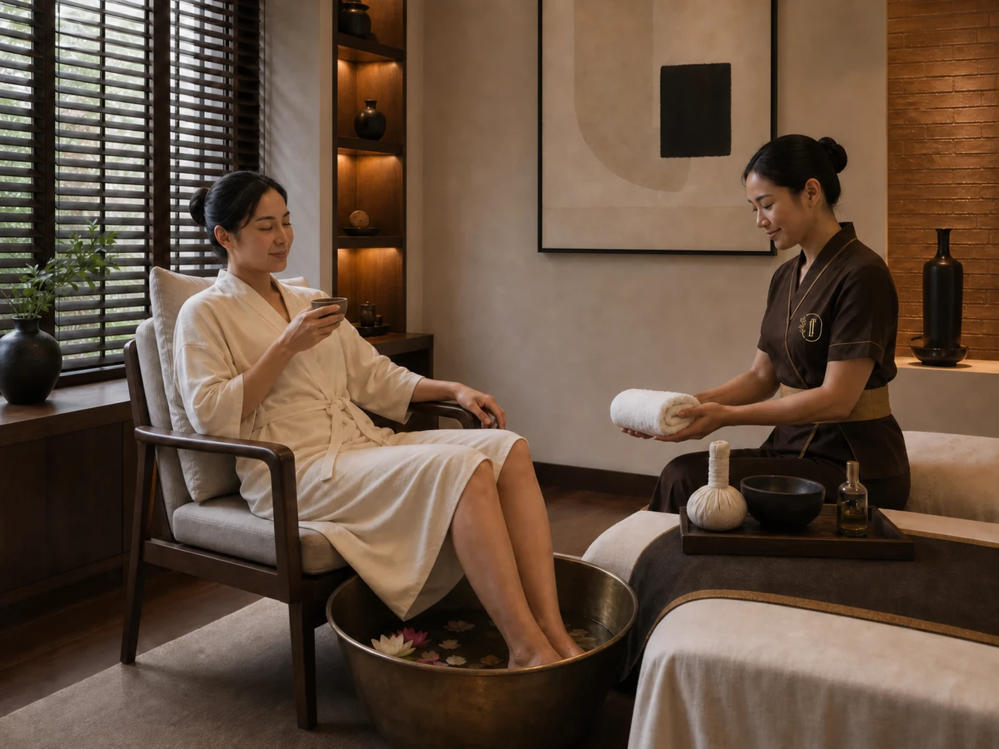 Guest beginning a premium Half Day Spa in Bangkok with a floral foot bath, tea and professional therapist consultation