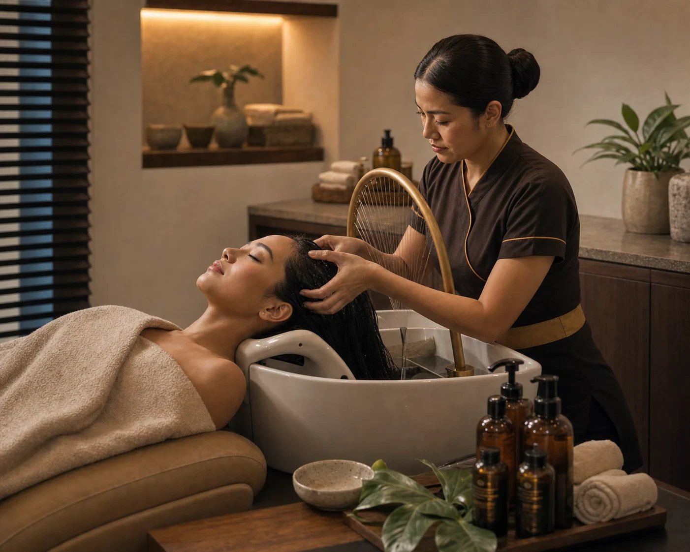 Water-based head spa ritual designed as a quiet sensory pause in Bangkok