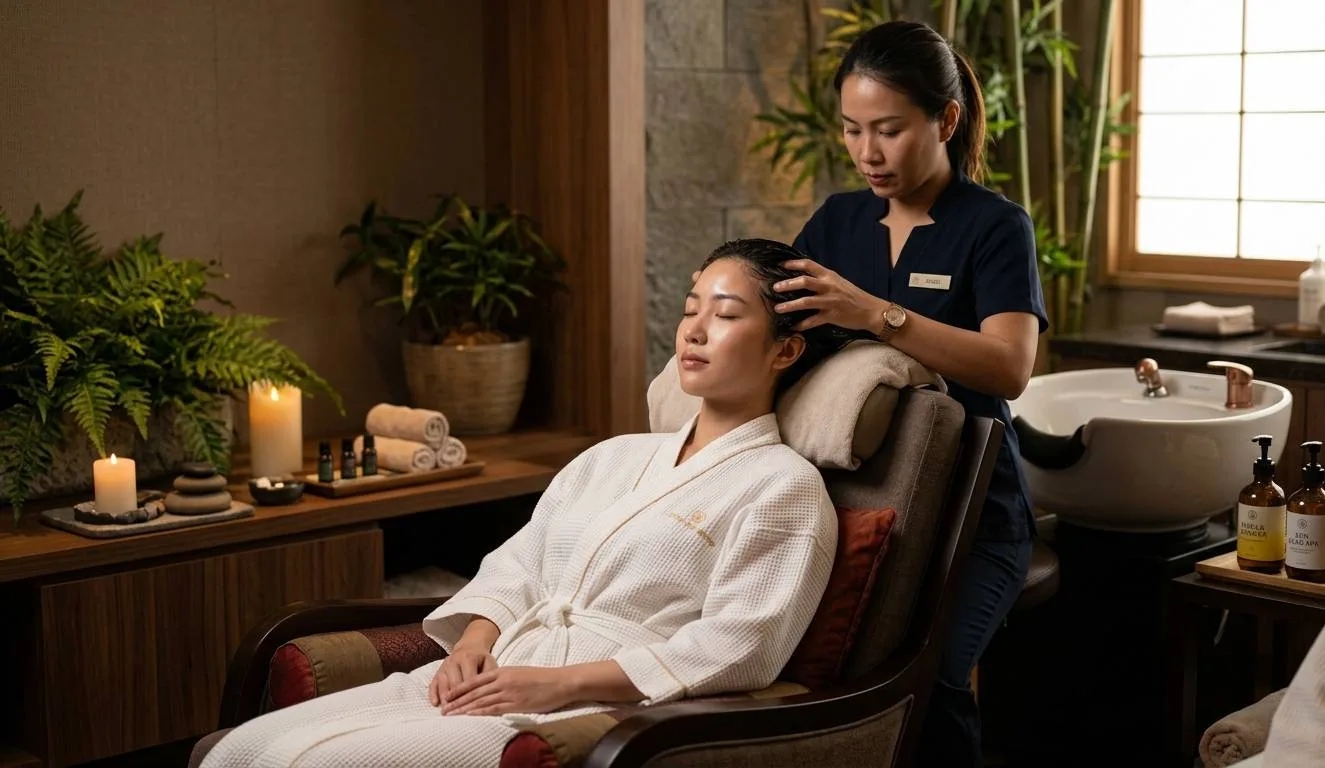 Careful dry scalp preparation before washing in a professional Bangkok head-spa sequence