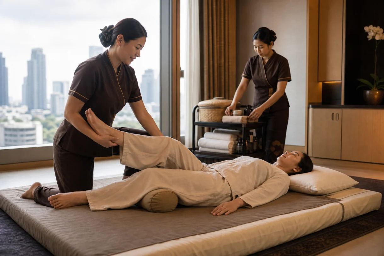 Private Thai massage in a Bangkok hotel suite with a second therapist managing the complete spa setup