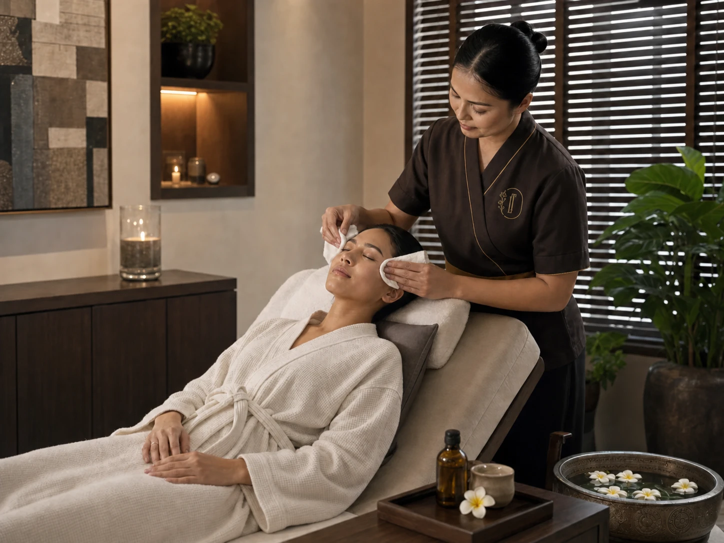 Face-and-body spa package prepared with facial products, massage oil and private-room linens