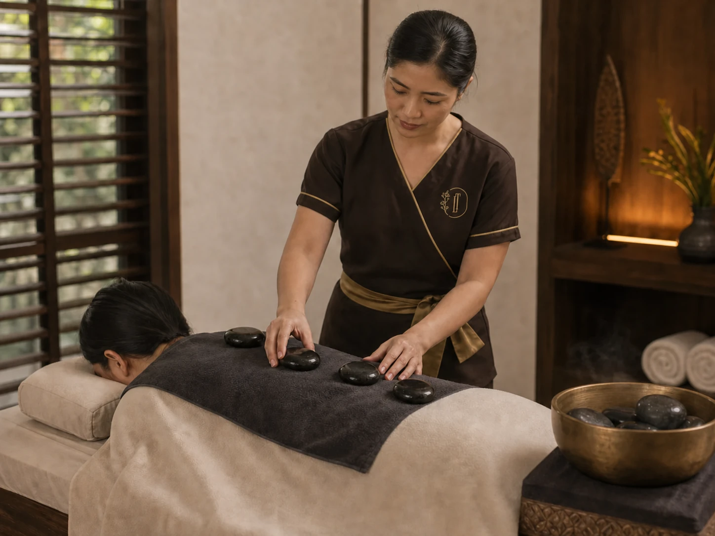 Professional Loft Thai therapist placing smooth heated stones over a protective towel during Hot Stone Massage in Bangkok