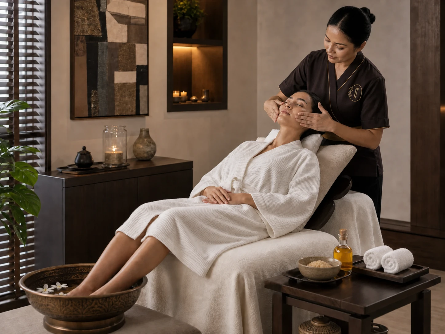 Therapist performing a calm signature facial and foot ritual in a refined Bangkok spa room