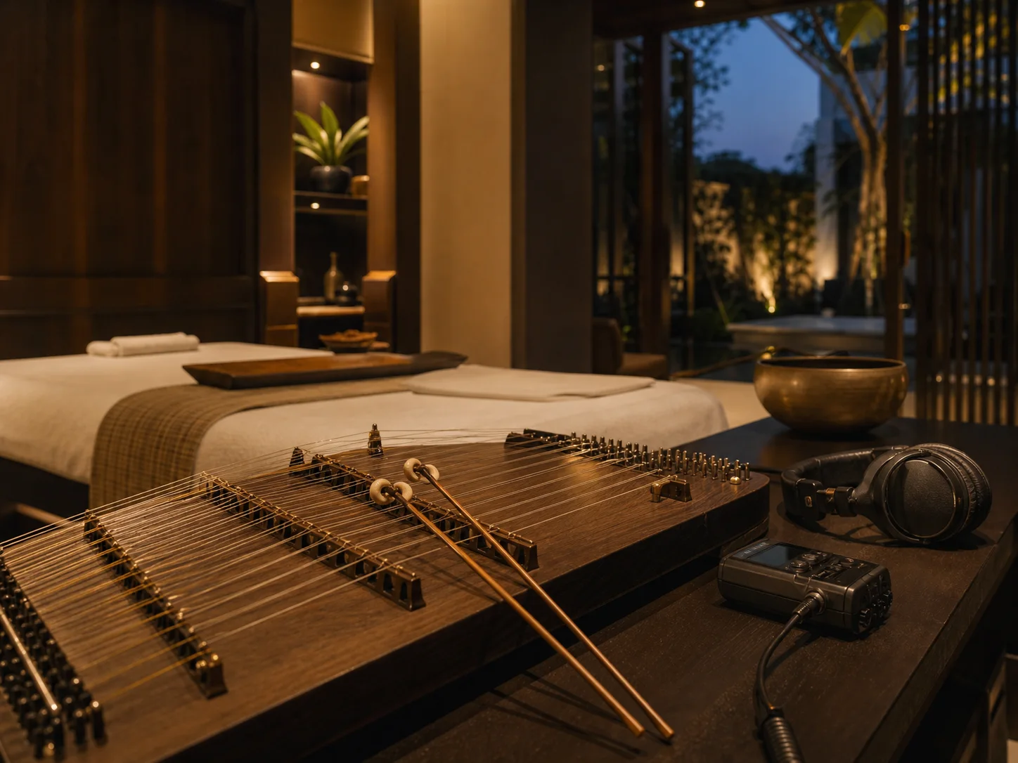 Prepared treatment room with Thai musical instrument and headphones for a multisensory signature ritual