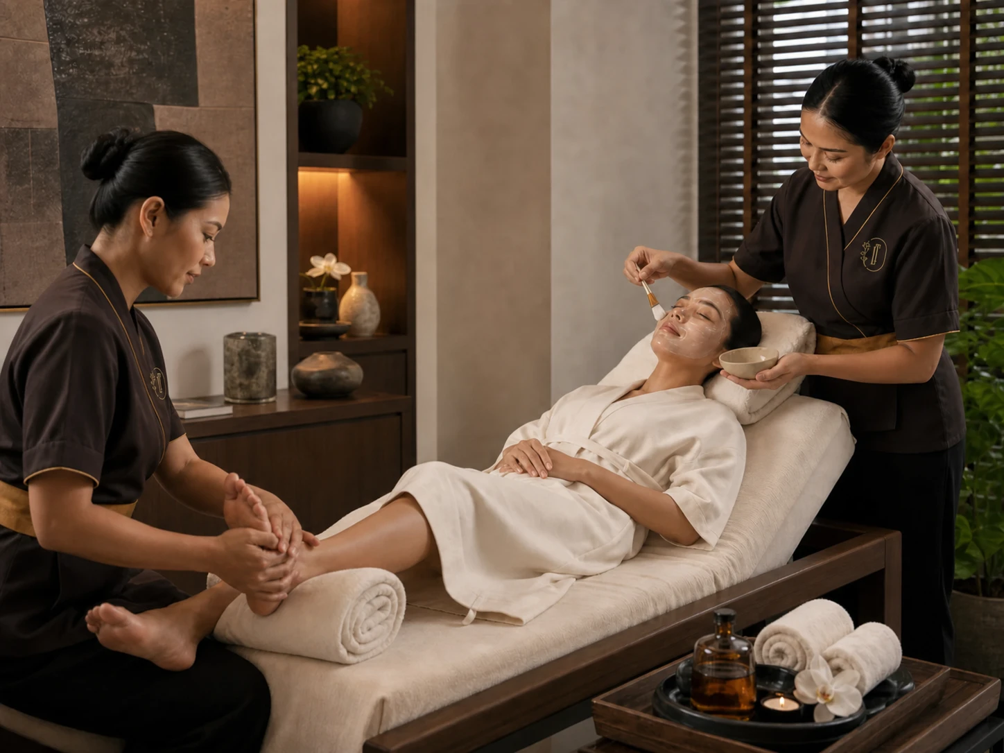Two therapists preparing a multi-stage premium massage package in a private Bangkok spa room