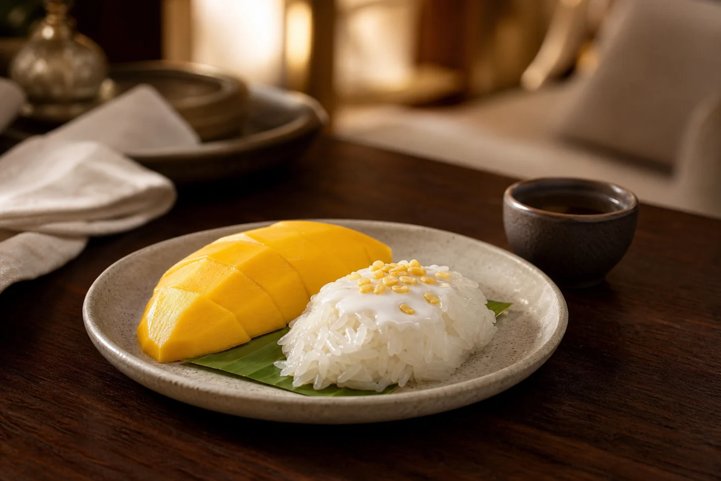 Ripe mango with coconut sticky rice and toasted mung bean garnish served in a modest post-spa portion