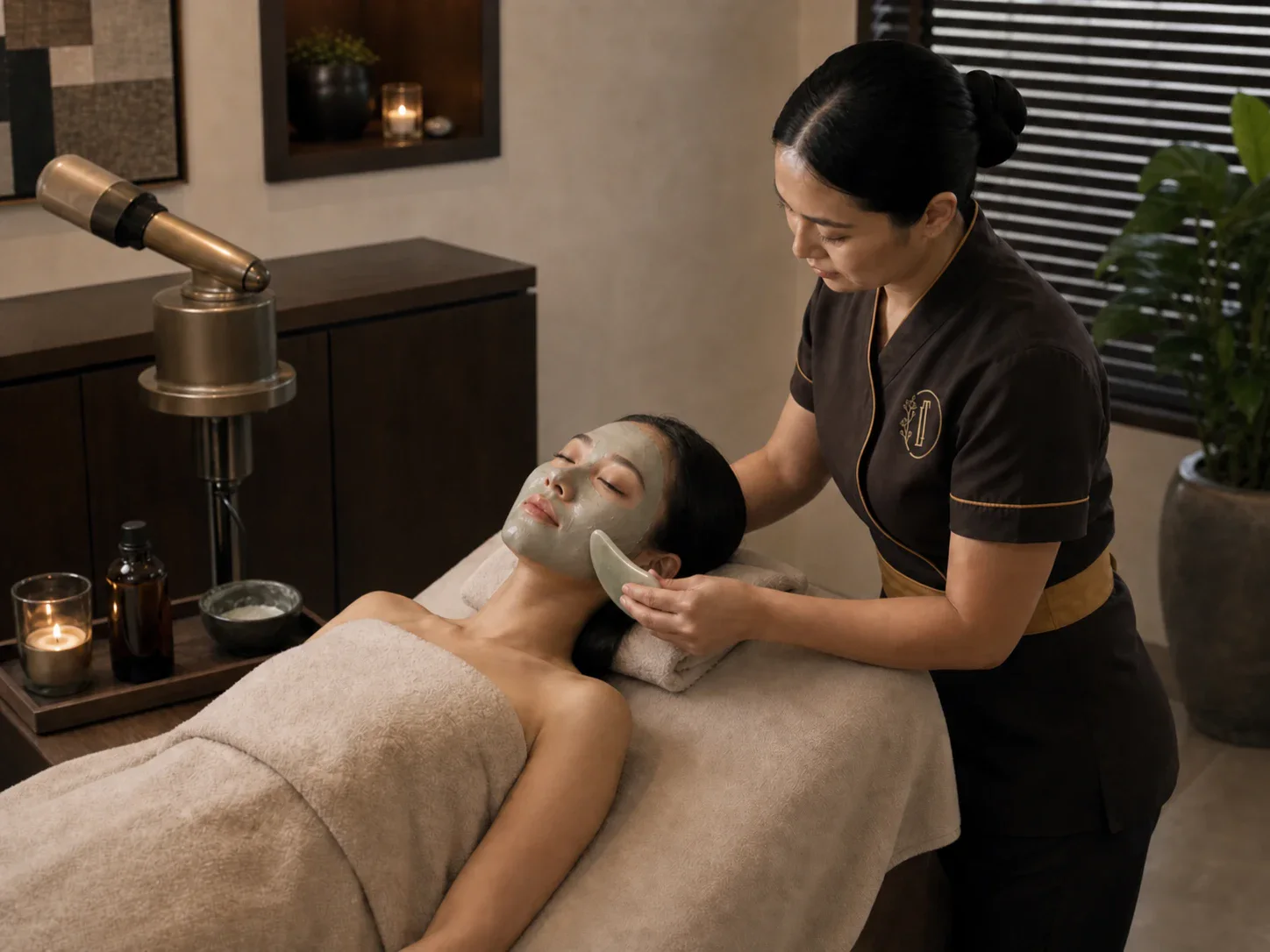Bangkok therapist performing a Gua Sha facial massage over a professional mask in a private spa room