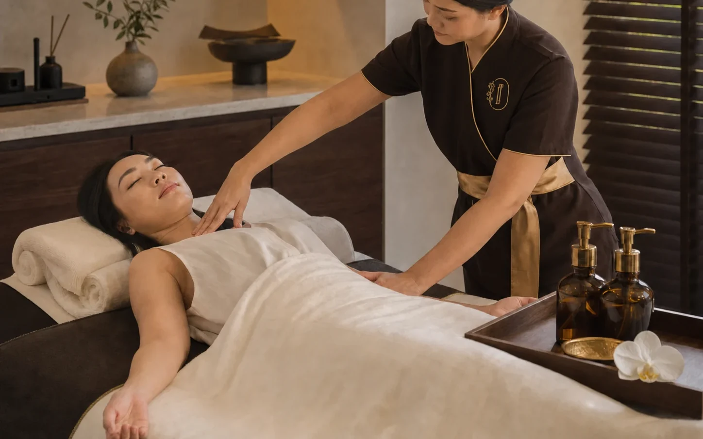 Professional preparation of massage oils and aromatic products illustrating ingredient checks before the rose ritual