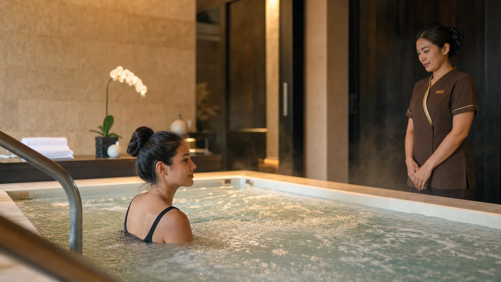 Private hydrotherapy setting illustrating the need to confirm branch, protocol and heat or water suitability