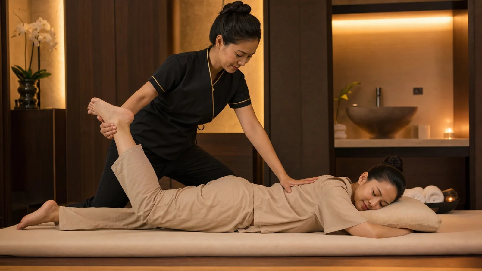 Thai massage therapist supporting a guest’s ankle during a gentle prone quadriceps stretch
