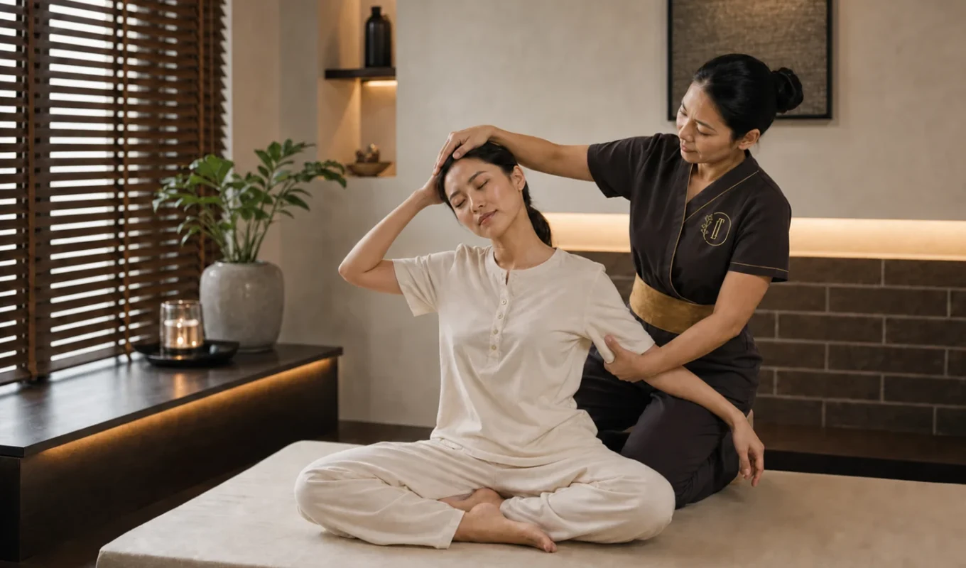 Loft Thai therapist guiding a seated neck and shoulder stretch in a private treatment room
