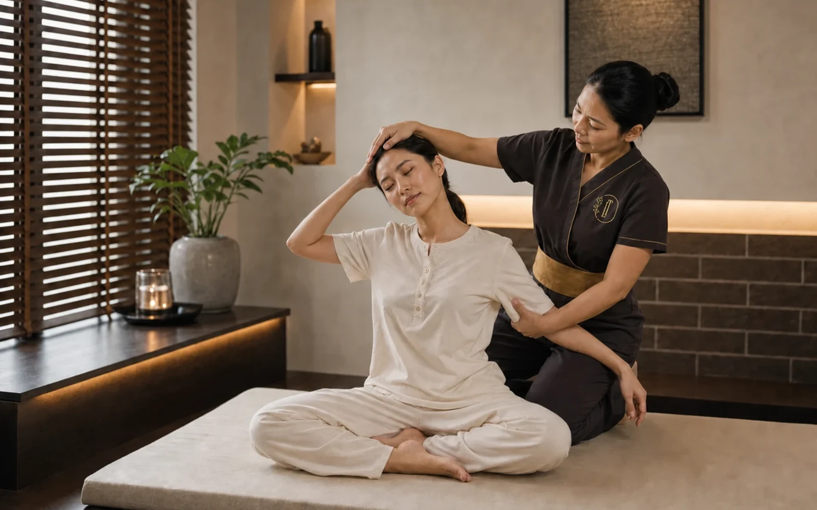 Thai massage therapist guiding a controlled seated stretch in a warm Bangkok spa room