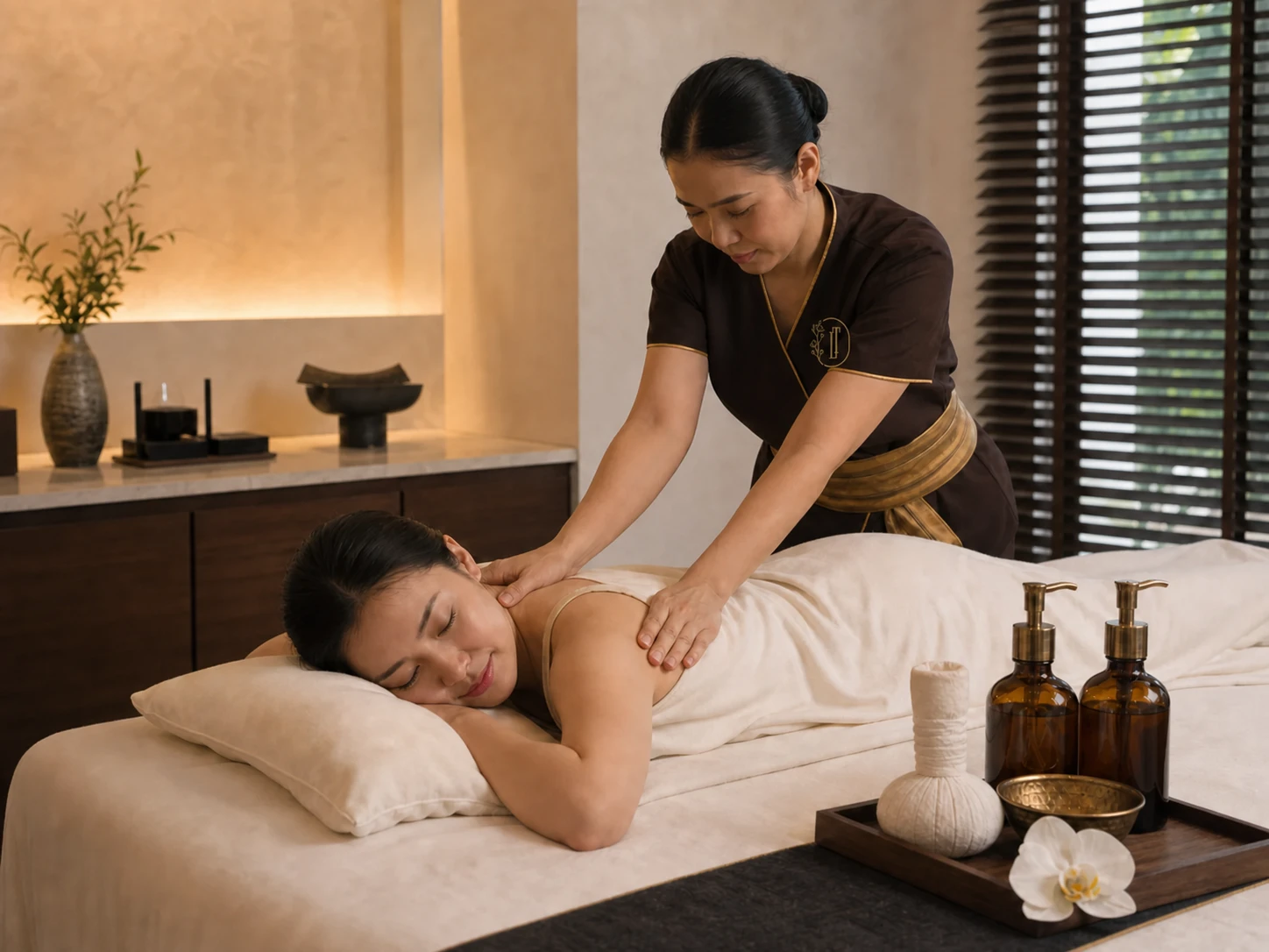 Professional therapist adapting upper-back and shoulder pressure for an adult guest in a private spa room