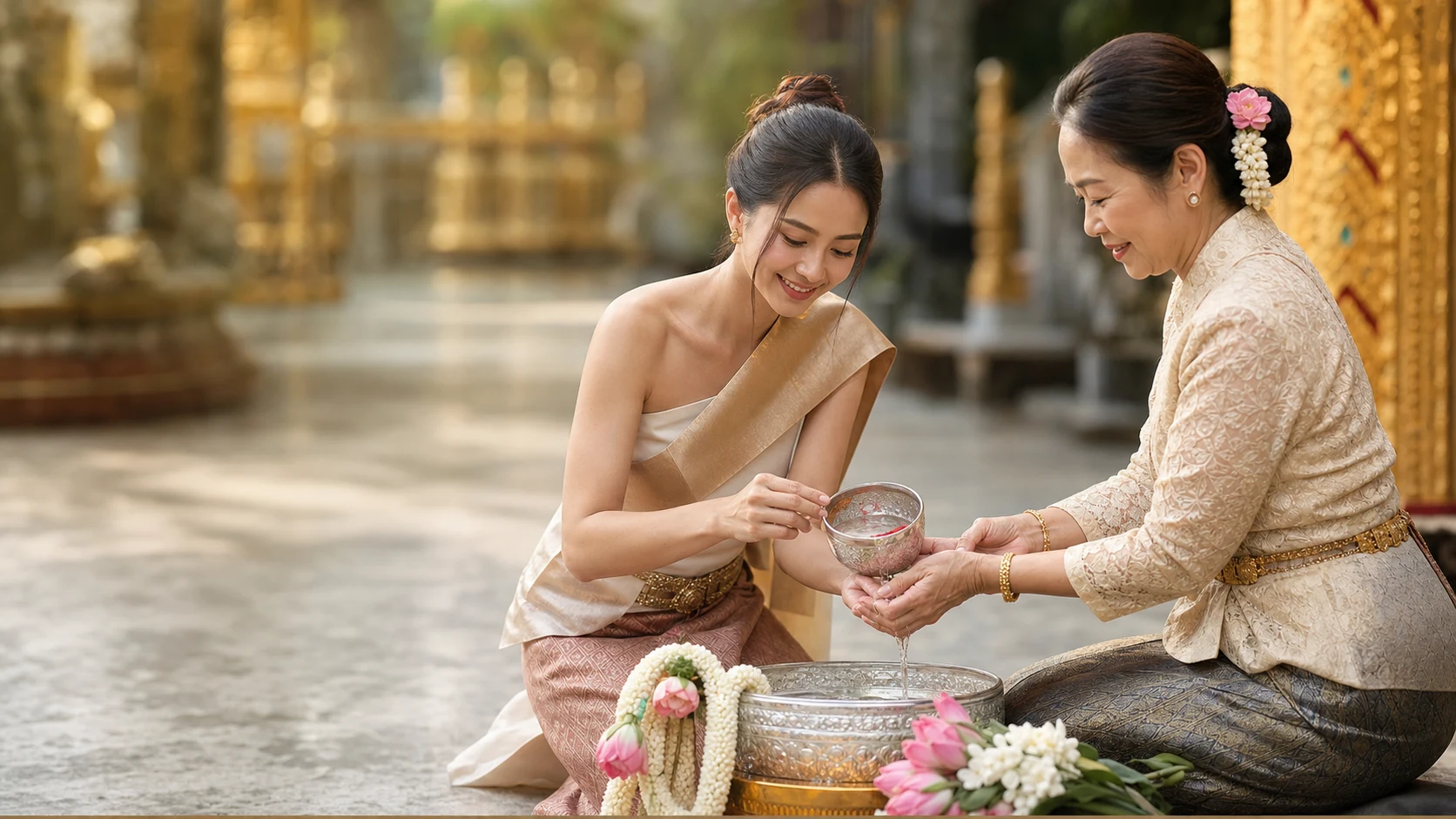 Younger Thai woman gently pouring scented water over an older woman’s hands during a Songkran respect ritual