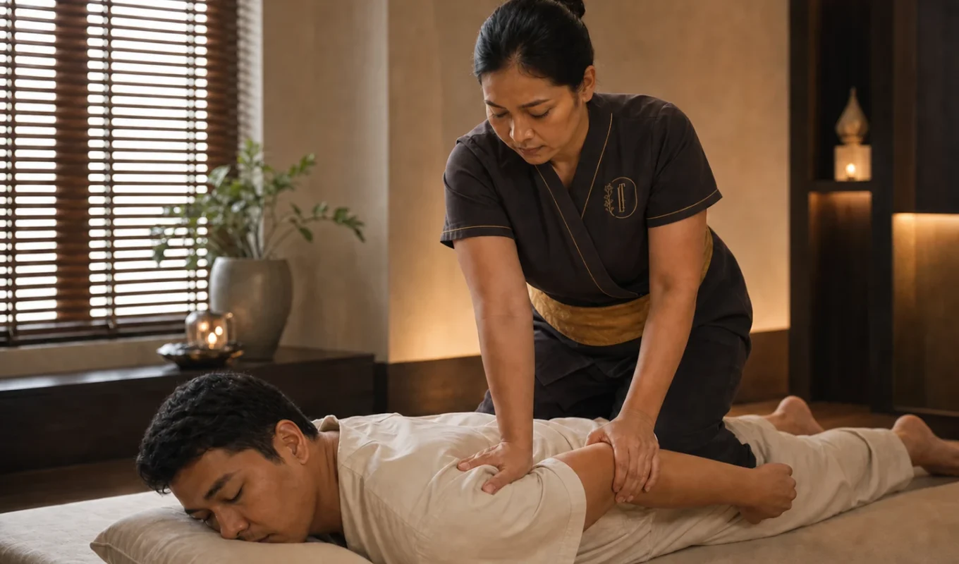 Loft Thai therapist applying controlled pressure during a clothed Thai massage