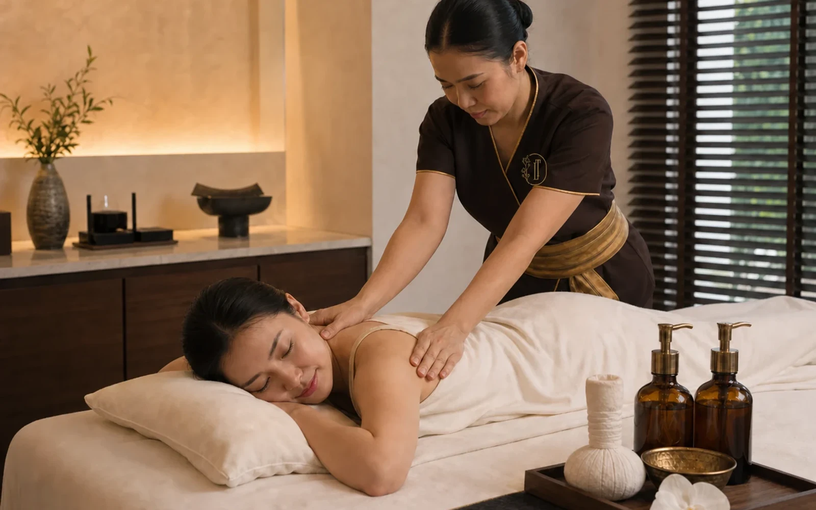 Professional therapist providing a calm Swedish-style massage in a private Bangkok spa room