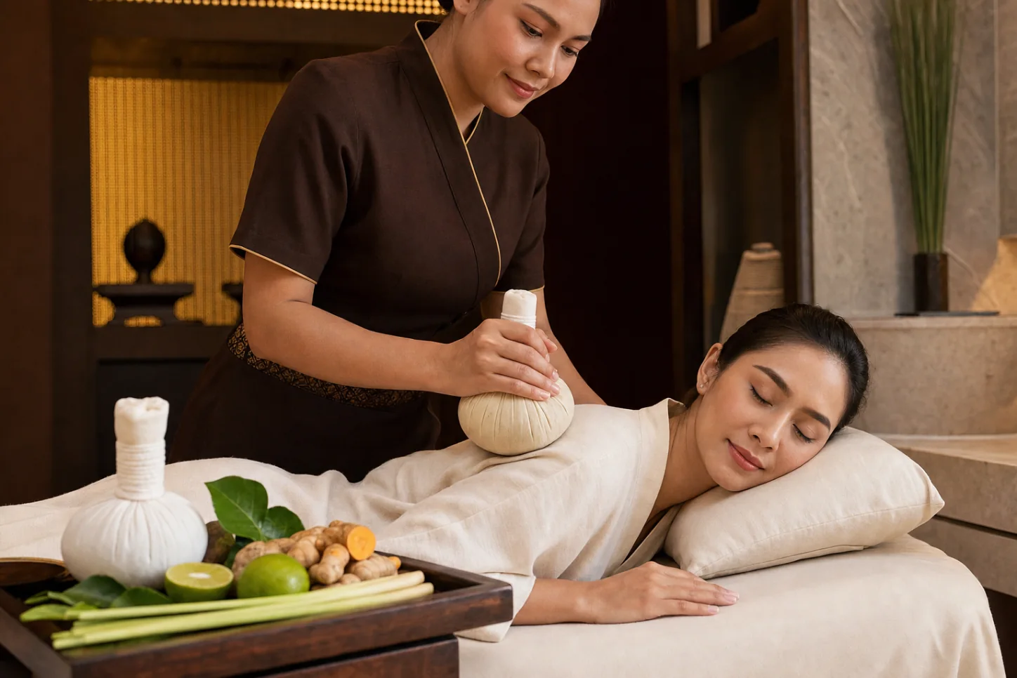 Traditional Thai herbal compress bundles illustrating the underlying technique