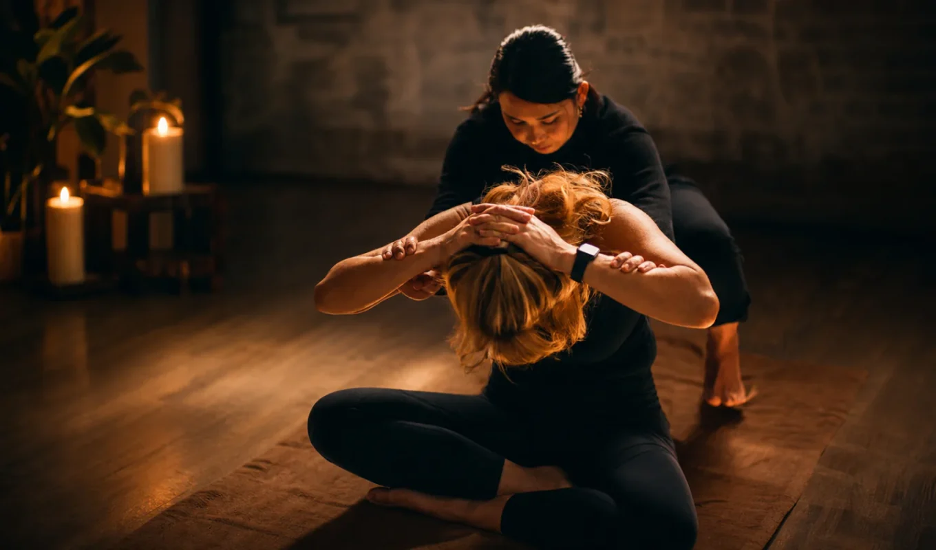 Thai therapist guiding a controlled assisted stretch with attentive hand support