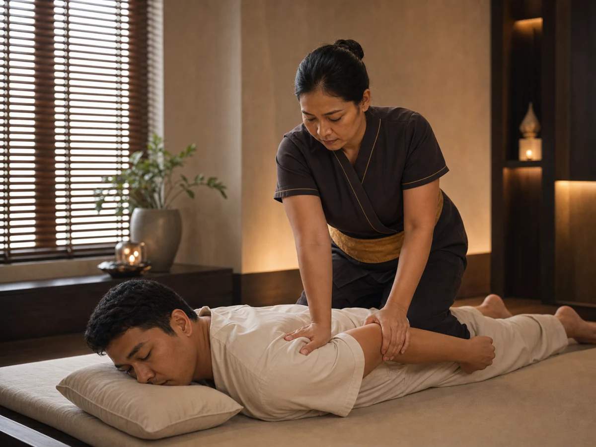 Thai Warrior Massage in Bangkok with stable therapist stance and supported assisted stretch