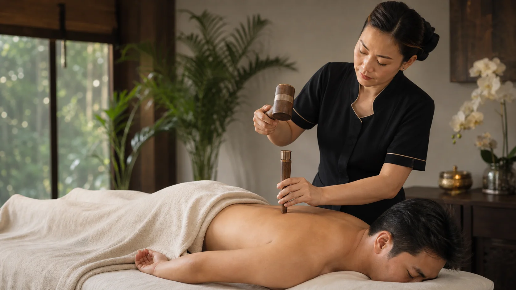 Thai therapist using a wooden mallet and wedge for Tok Sen massage beside the shoulder blade in a Bangkok treatment room