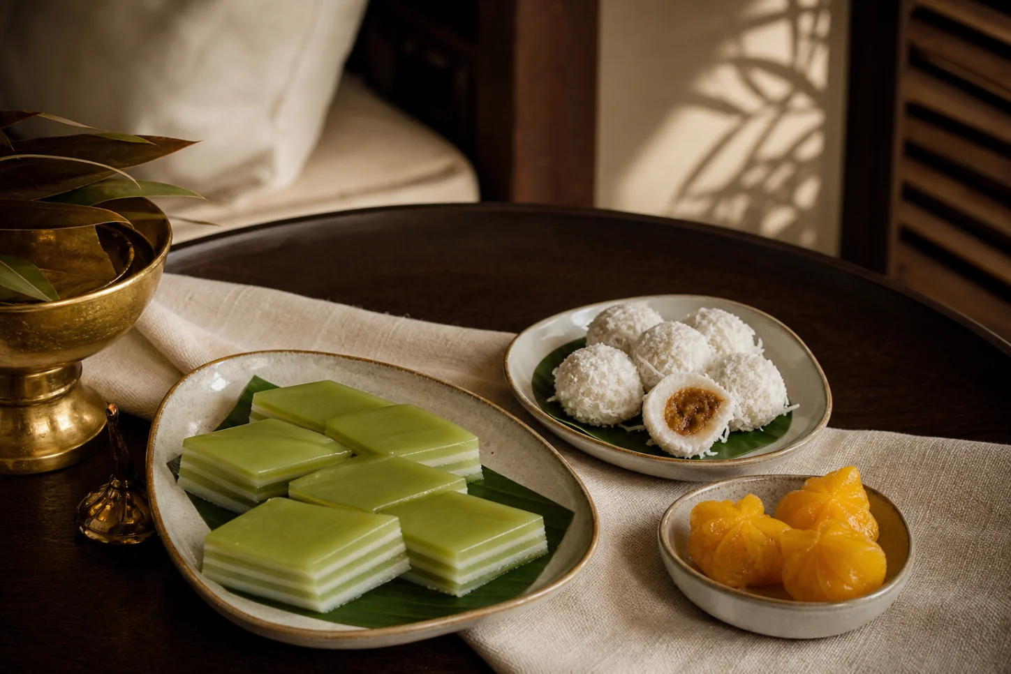 Khanom chan, coconut-coated khanom tom and thong yot presented as distinct traditional Thai sweets