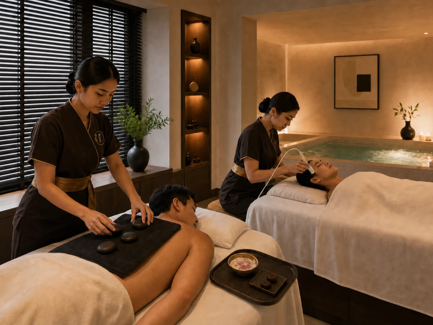 Two adult guests receiving professional hot stone and facial care beside a private hydrotherapy pool at Loft Thai Spa