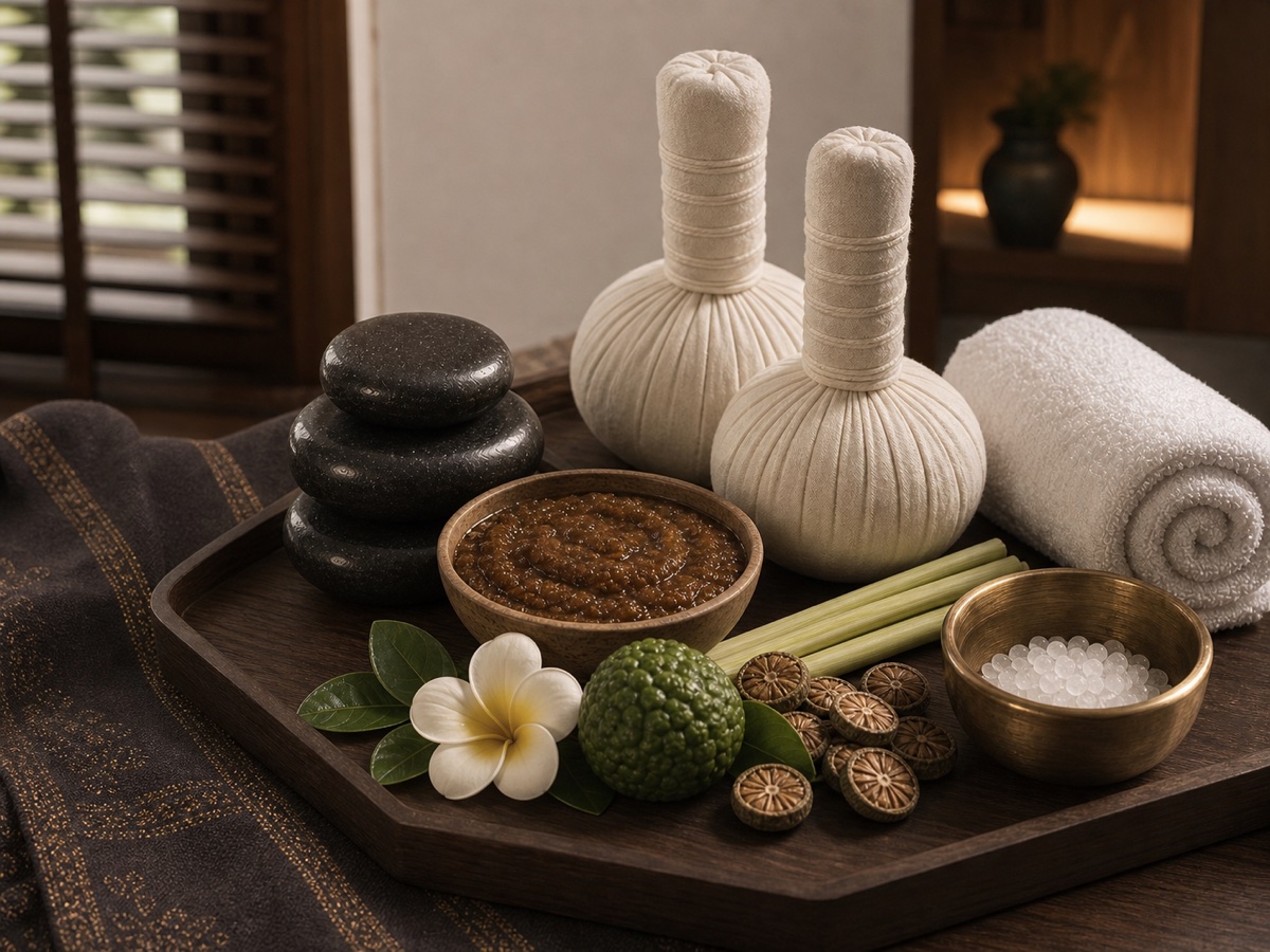Warm spa products and herbal compresses prepared for an evening massage