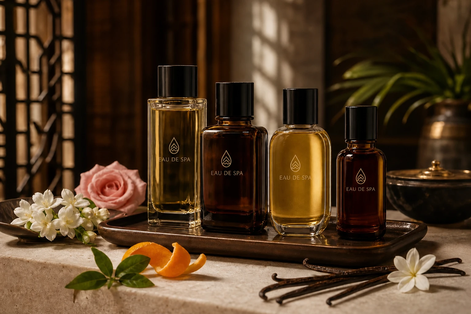 Four premium massage-oil bottles carrying the EAU DE SPA logo with restrained botanical scent cues in a warm luxury spa setting