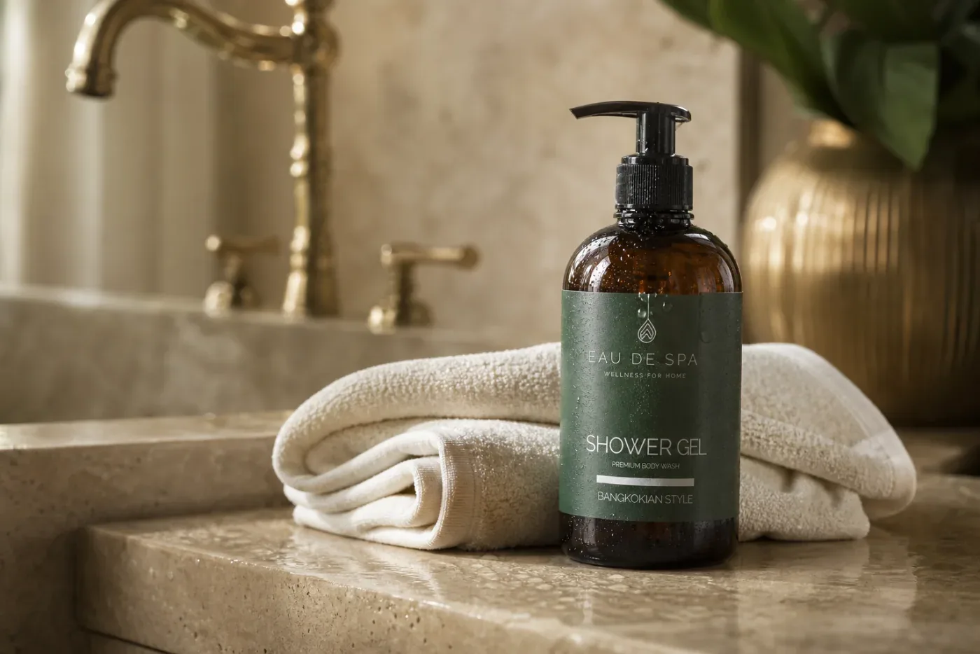 Eau de Spa shower gel presented in a spa bathroom