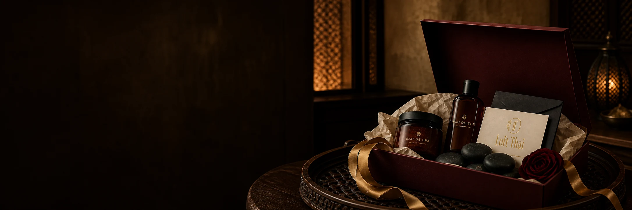 Loft Thai gift-box presentation with EAU DE SPA body-care products and a voucher card
