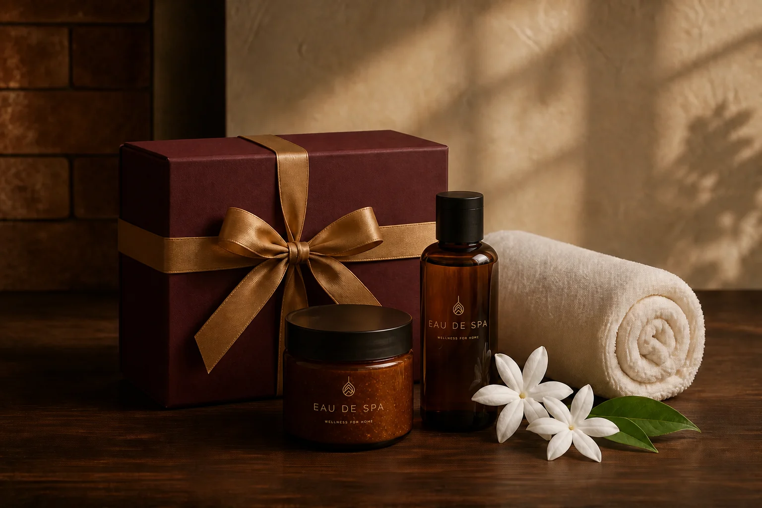 EAU DE SPA body scrub and shower gel beside the Spa Essentials gift box